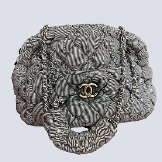 Chanel Nylon Bubble Striped Quilt Accordion Flap Blue Shoulder Bag