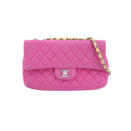 Chanel Flap Perforated Fabric Yellow Patent Stap Pink Leather Shoulder Bag