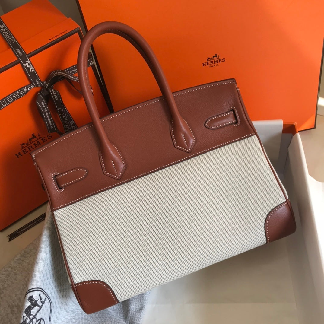 Top Quality Birkin Bag Toile And Barenia Brown Gold Shoulder Bag