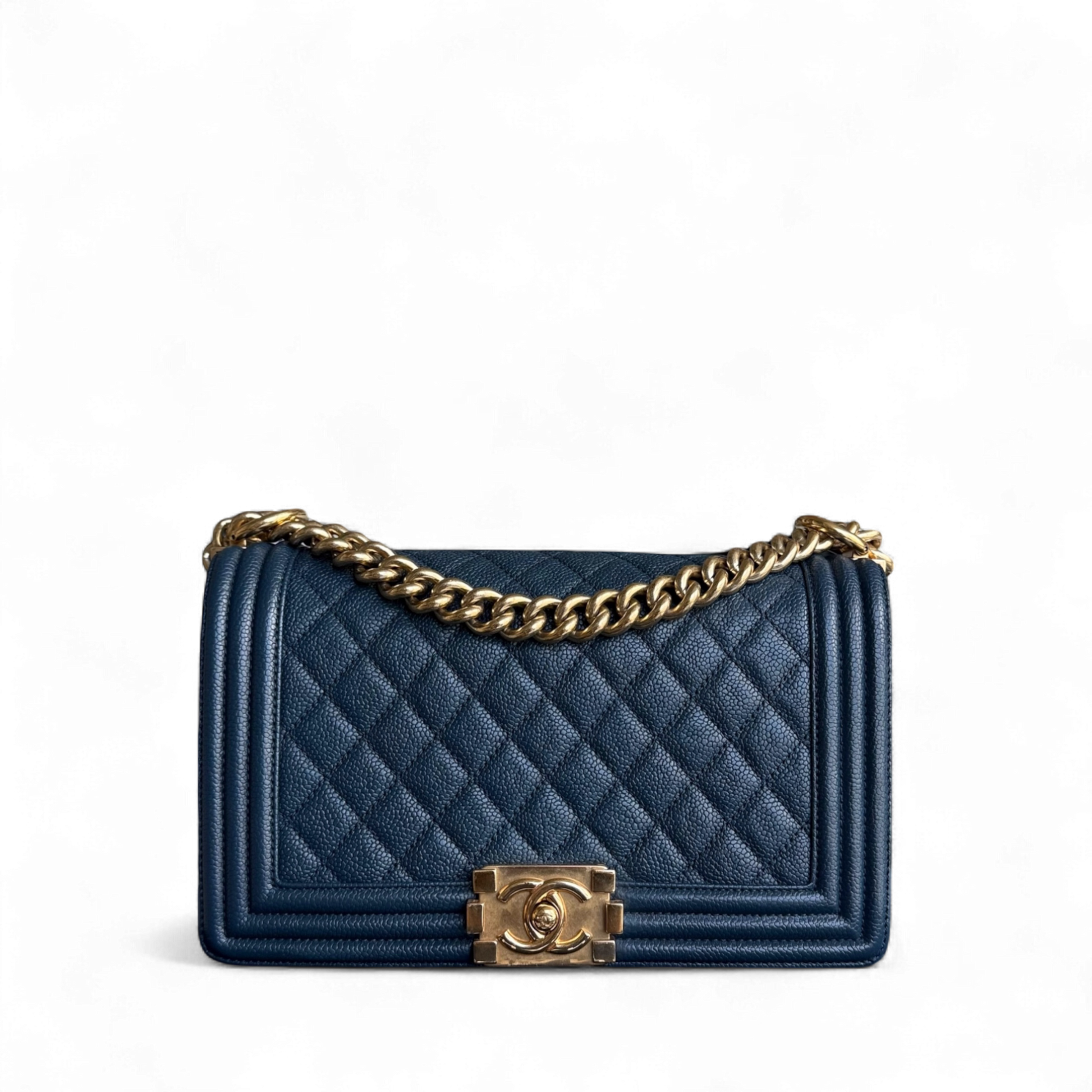 Chanel Boy Medium - Caviar 25CM Quilted Grained Calfskin Blue Gold Hardware Series 23