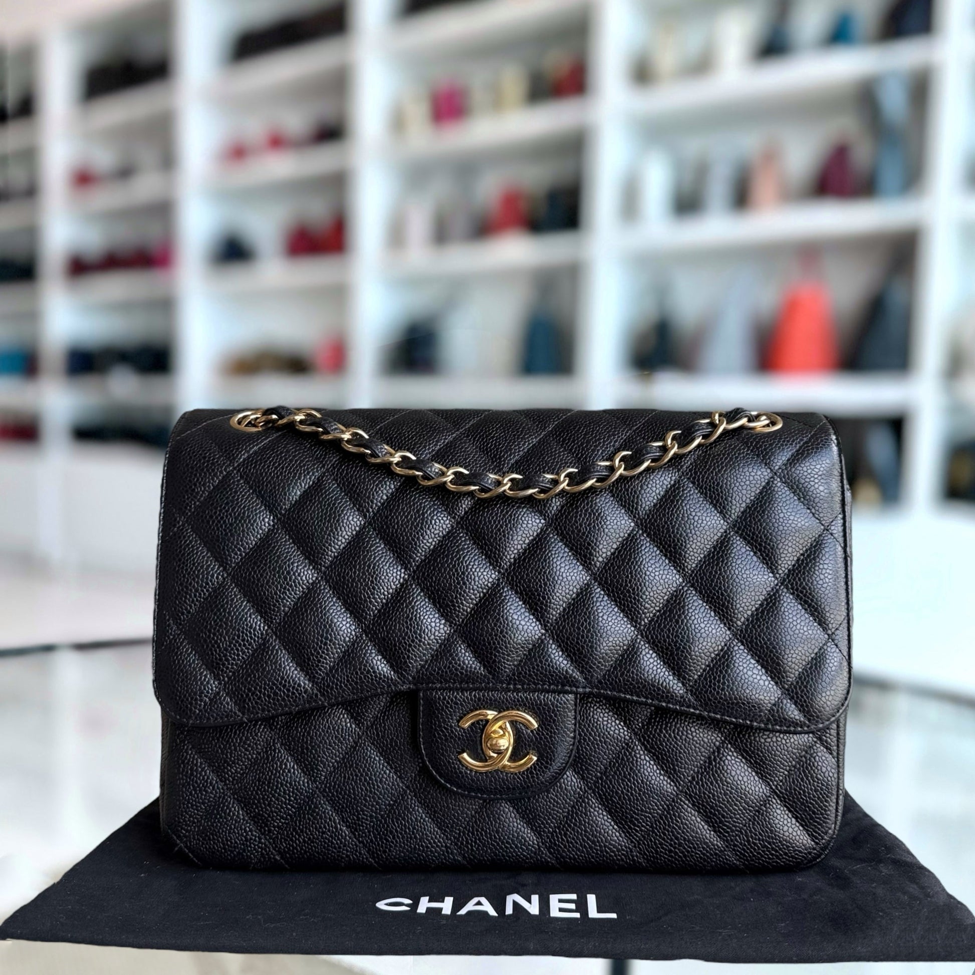 Chanel Classic Flap Jumbo - Caviar Double Flap 30CM Quilted Black Gold Hardware