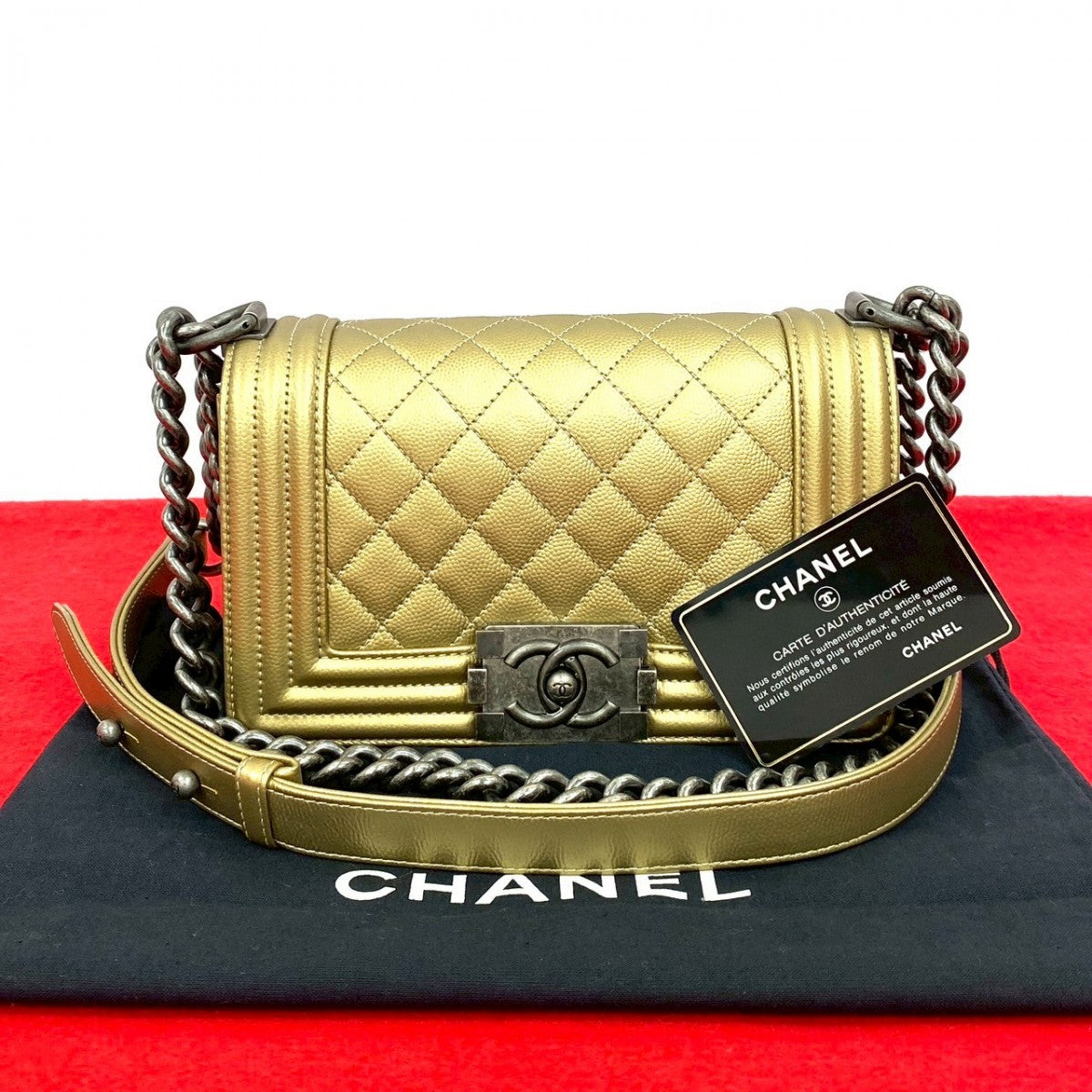 Chanel Matt caviar skin Boy Gold Shoulder Bag