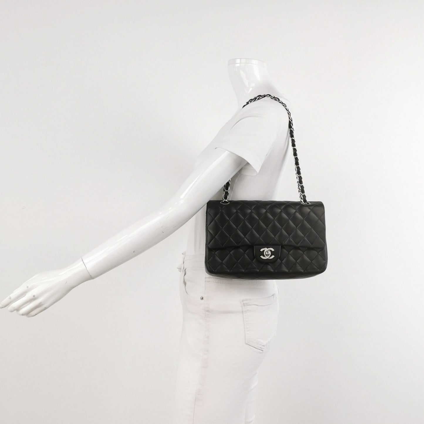 Chanel Timeless Classic Flap Lambskin Hardware -08 Black Silver Leather Handbag