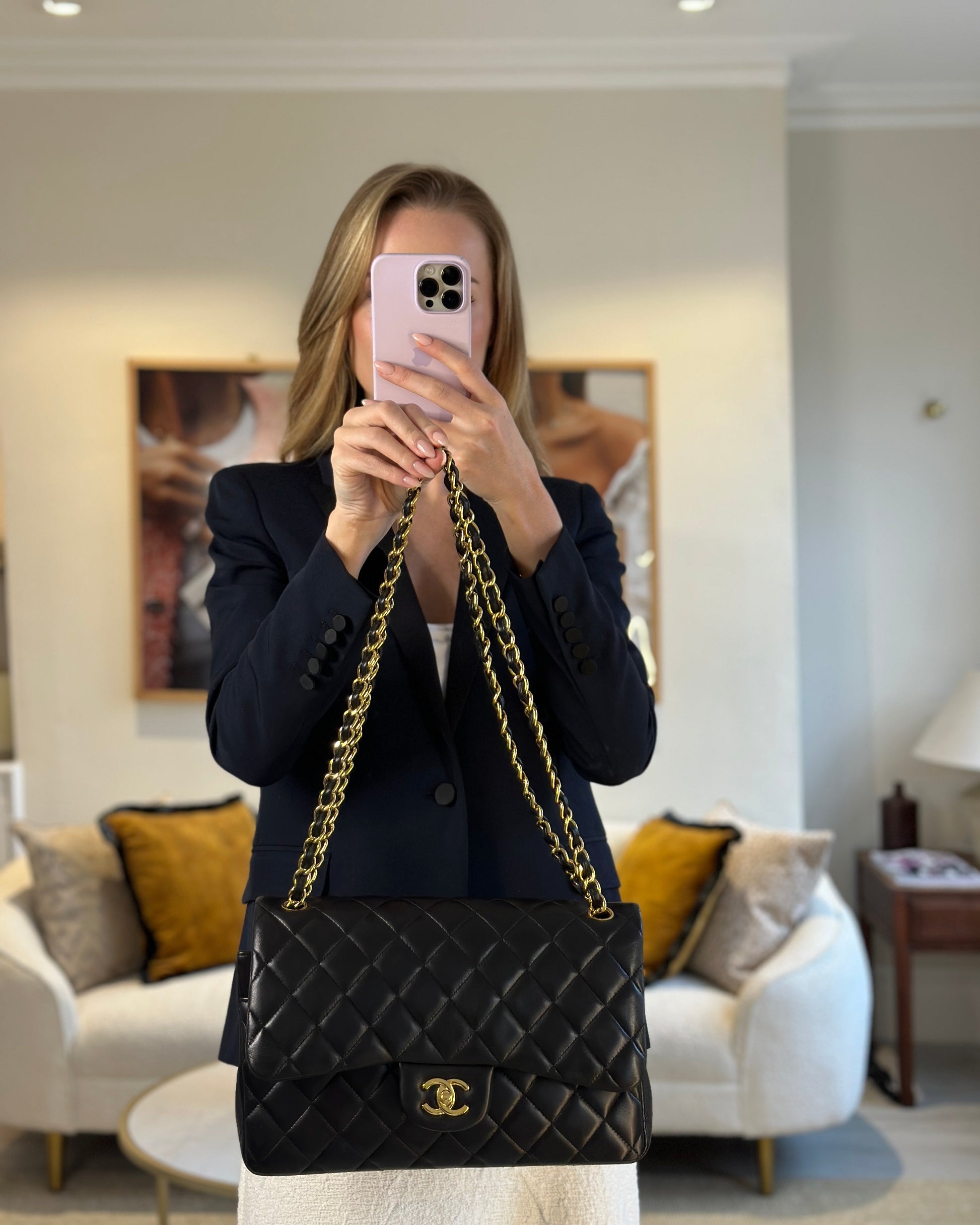 Chanel Black Jumbo Classic Double Flap in Lambskin Leather with Gold Hardware Jewelry