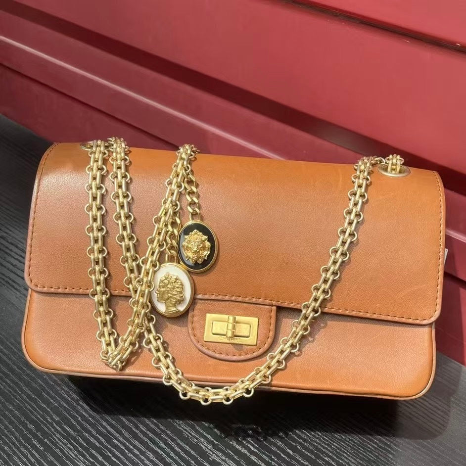 Chanel Nude Medallion 2.55 Reissue Calfskin Double Brown Gold Shoulder Bag Gold Chain
