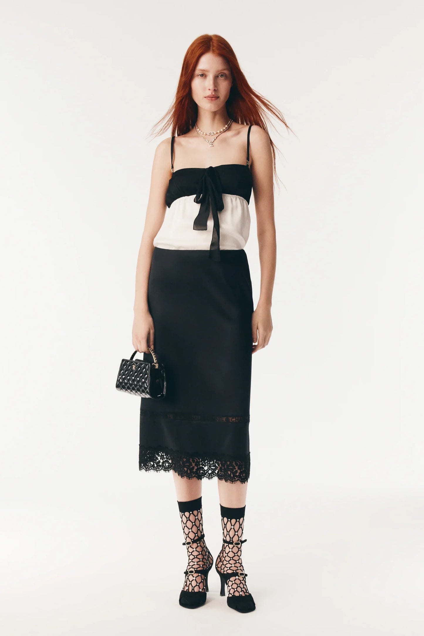 Chanel 25B Midi Skirt in Black Silk Satin and Lace ( ) Handbag