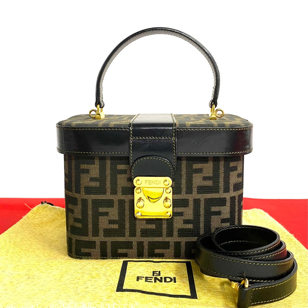 Fendi Handbag Zucca Ffpattern Women Leather Canvas Metal Travel Bag