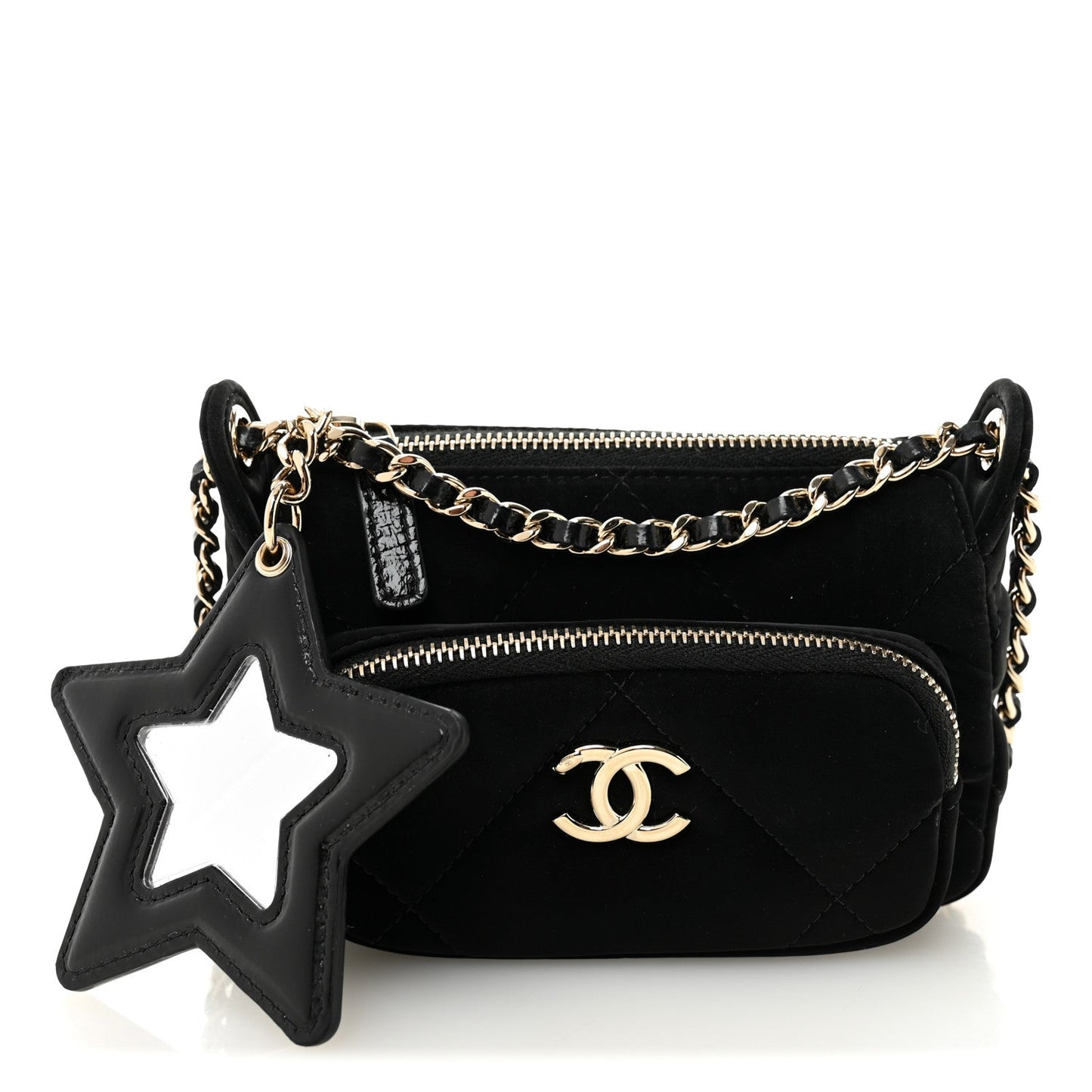 Chanel Velvet Effect Nylon Shiny Crumpled Calfskin Mini Quilted 25 Clutch With Chain Black