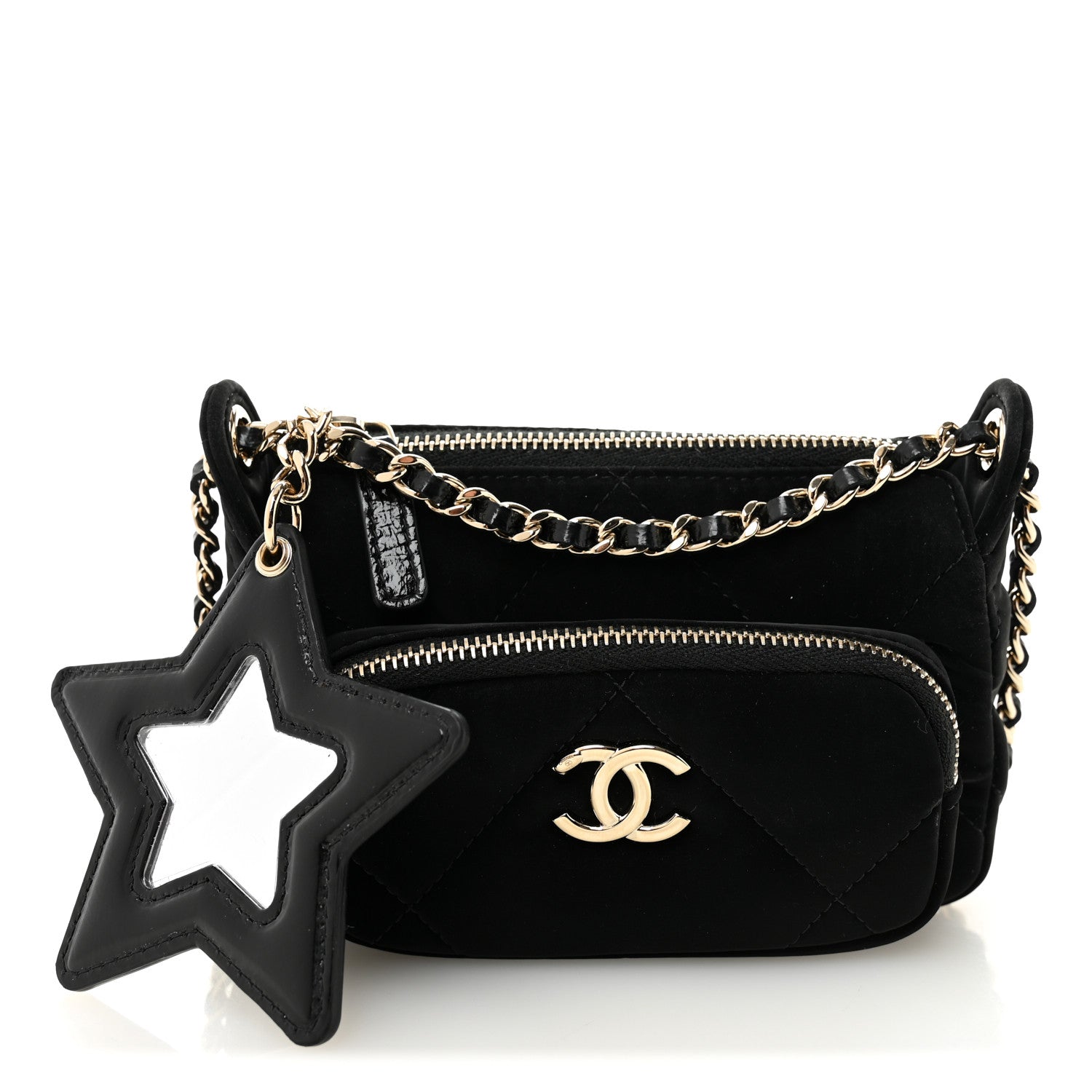Chanel Velvet Effect Nylon Shiny Crumpled Calfskin Mini Quilted 25 Clutch With Chain Black