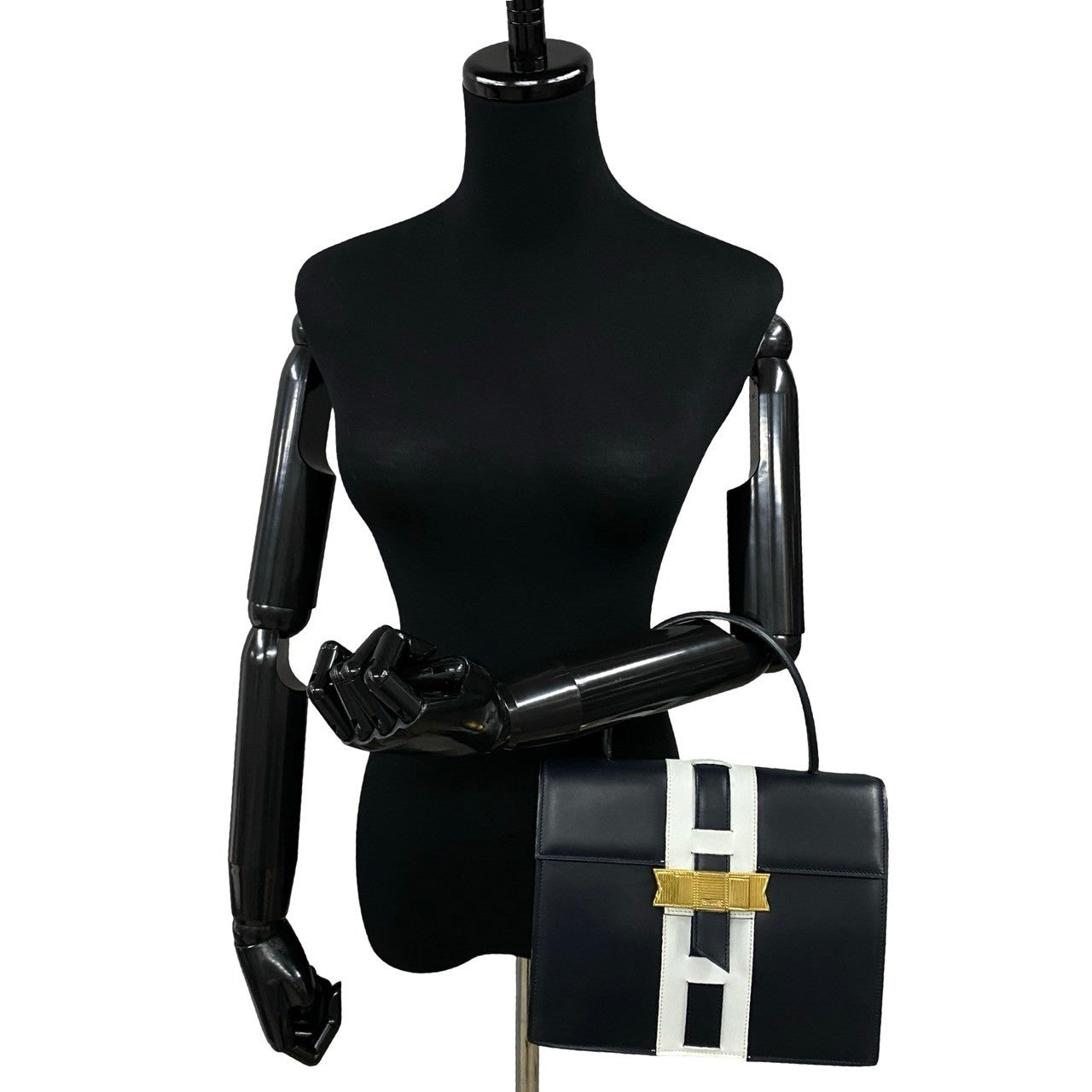 Navy Ribbon Metal Women Leather Logo Travel Bag