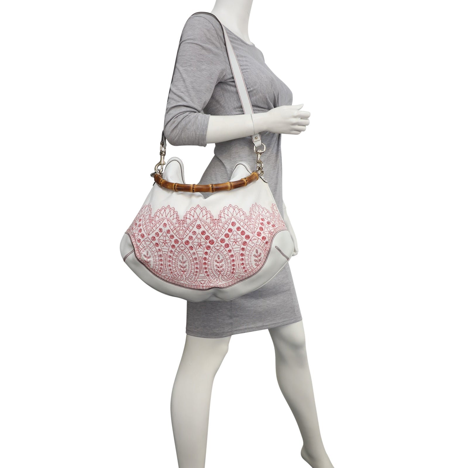 Gucci Embroidered Canvas Peggy Bamboo Hobo