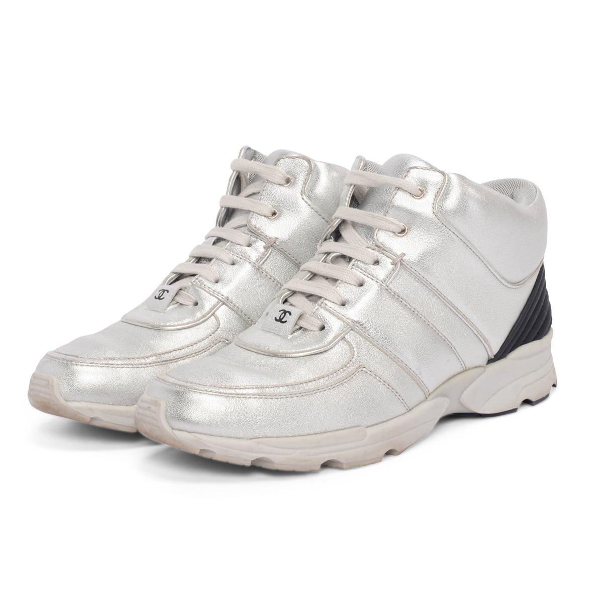 Chanel Silver Metallic Leather High Top Sneakers 39 for Women