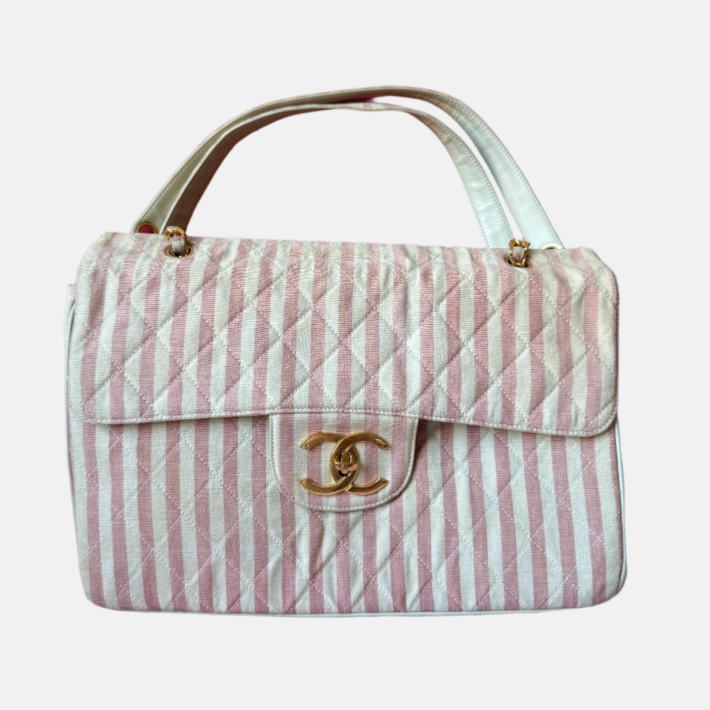 Chanel XXL Maxi Striped Flap Hardware Pink Gold Canvas Travel Bag