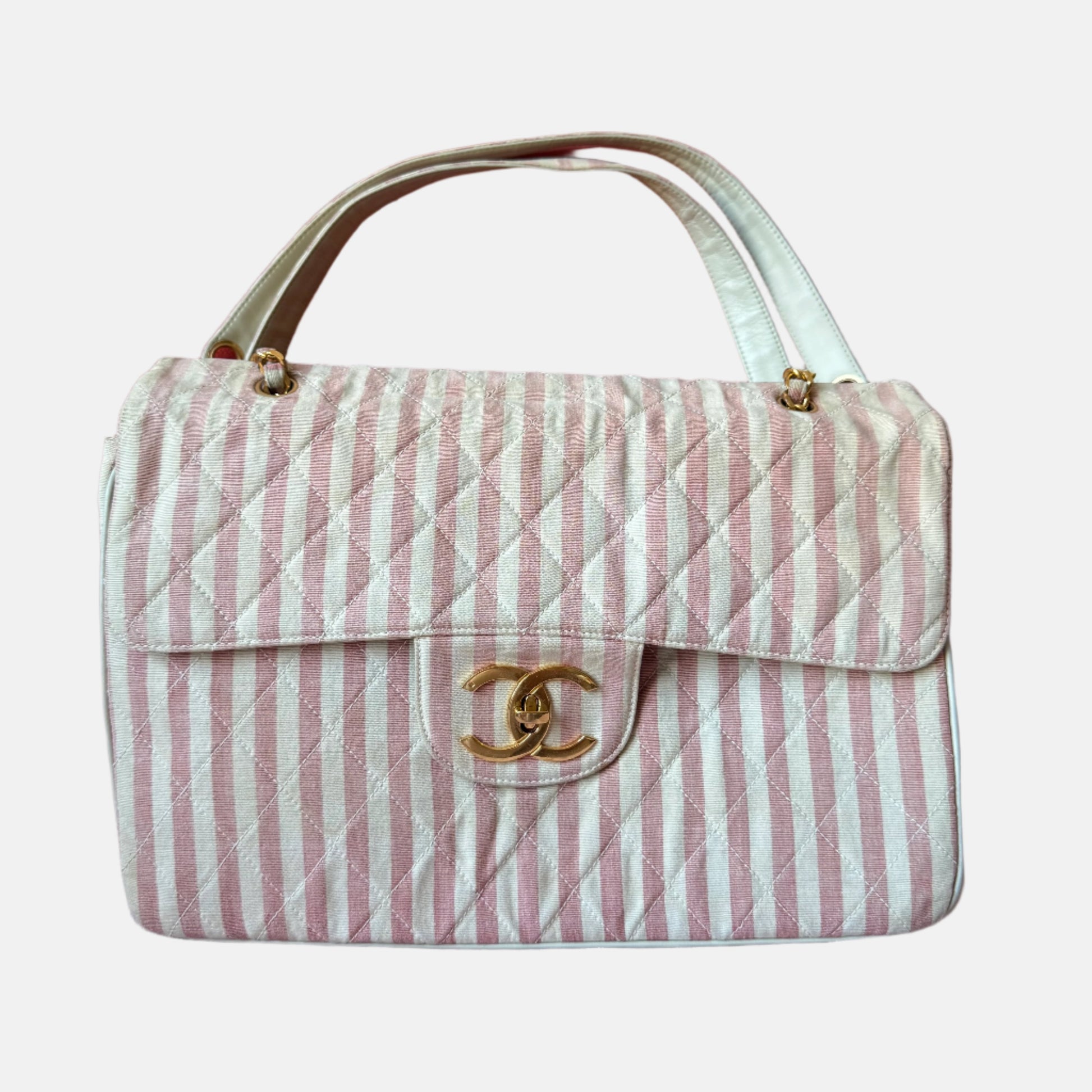 Chanel XXL Maxi Striped Flap Hardware Pink Gold Canvas Travel Bag