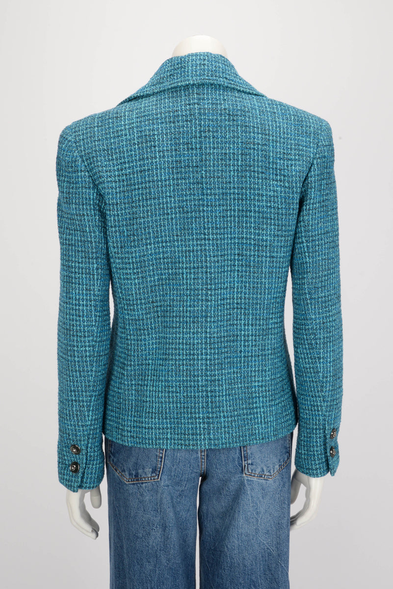 Chanel Turquoise Tweed Lion Button Jacket Fr 38