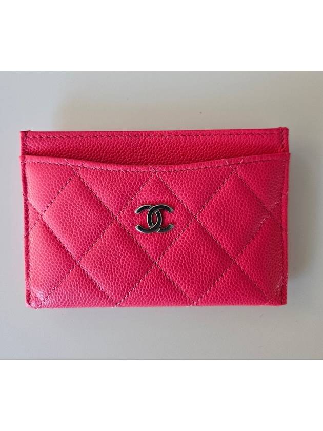Silver CC Logo Caviar Card Wallet Fuchsia Chanel