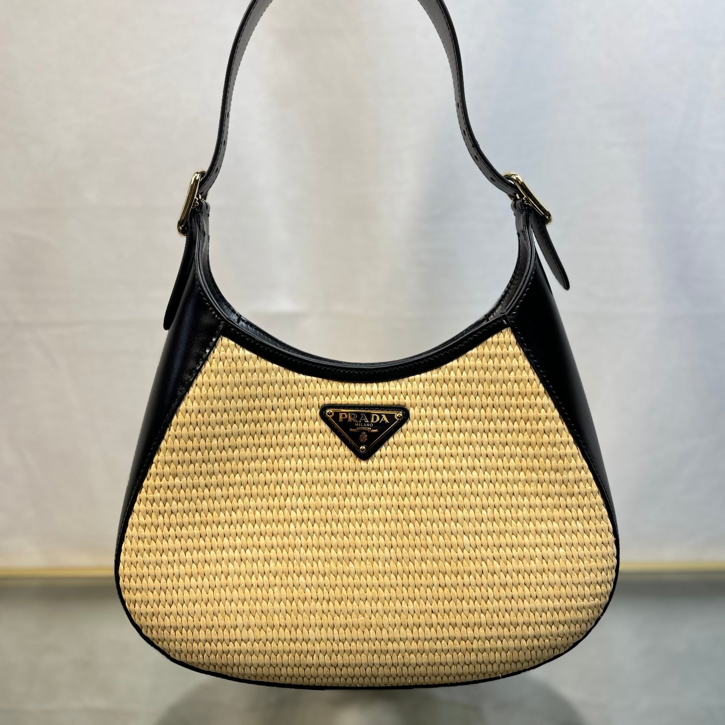 Prada Natural Calfskin Shoulder Bags Leather Raffia Black
