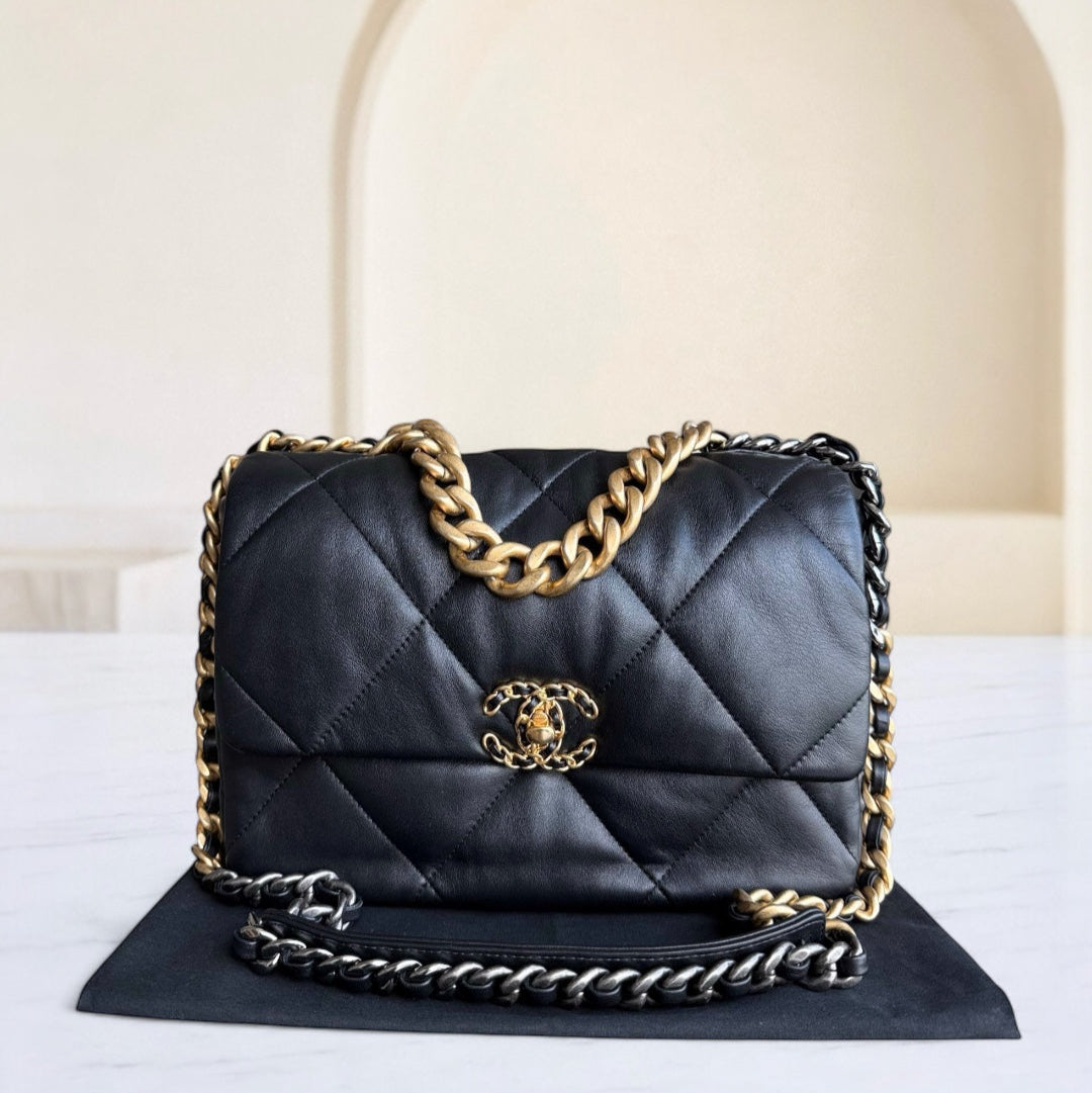 Chanel 19 Bag Medium - Goatskin Two-Tone Hardware Quilted Black Handbag Microchip Medium