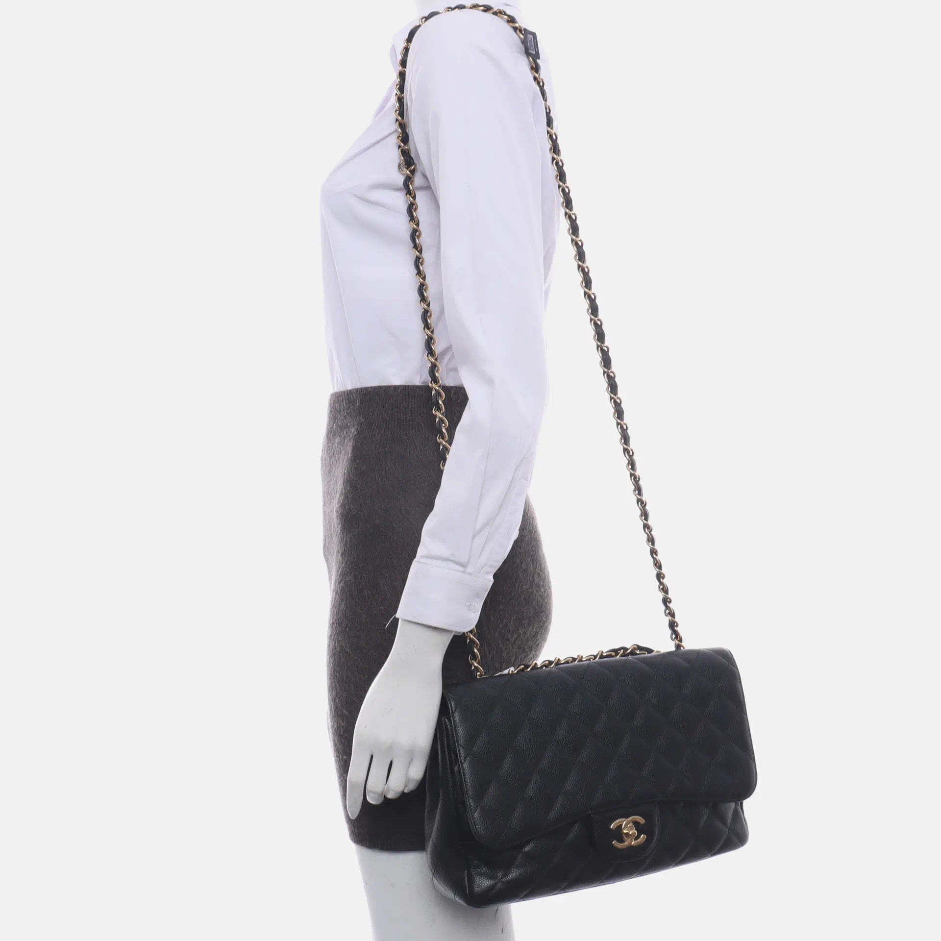 Chanel Classic Flap Jumbo Caviar Single Flap Black Gold Leather Handbag