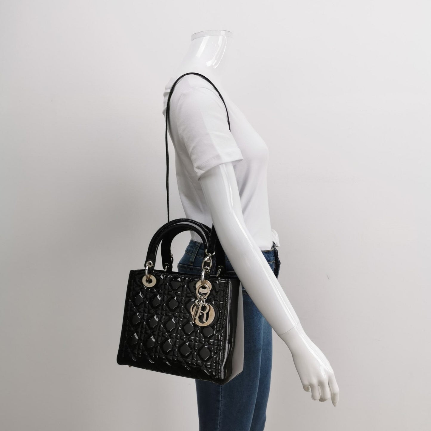 Dior Lady Medium Patent Handbag With Hardware Leather Black Travel Bag Silver Hardware