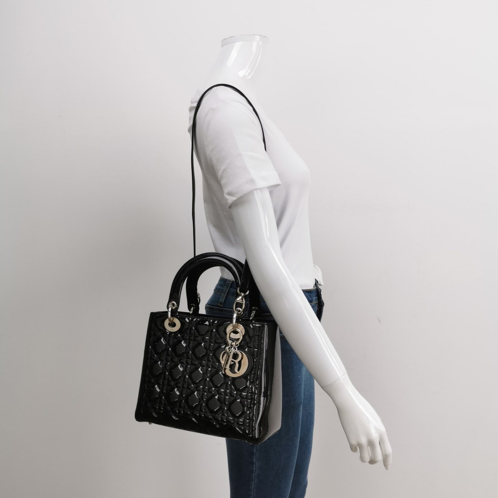 Dior Lady Medium Patent Handbag With Hardware Leather Black Travel Bag Silver Hardware
