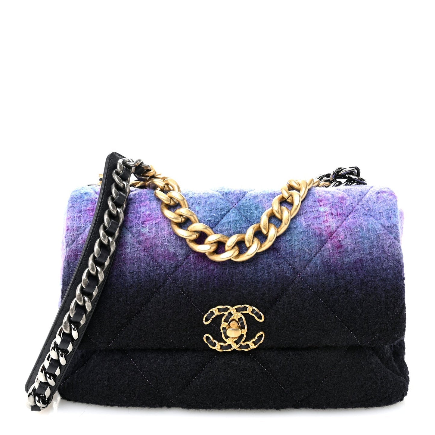 Chanel Wool Tweed Quilted Large 19 Flap Purple Black Blue Bag