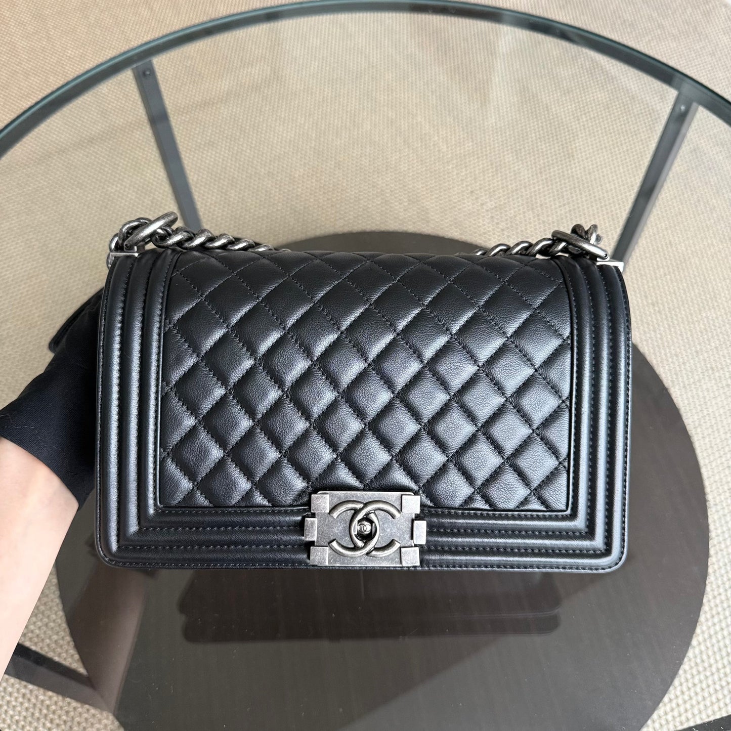 Chanel Boy Medium - Grained Calfskin 25CM Quilted Black Ruthenium Silver Hardware Series 24