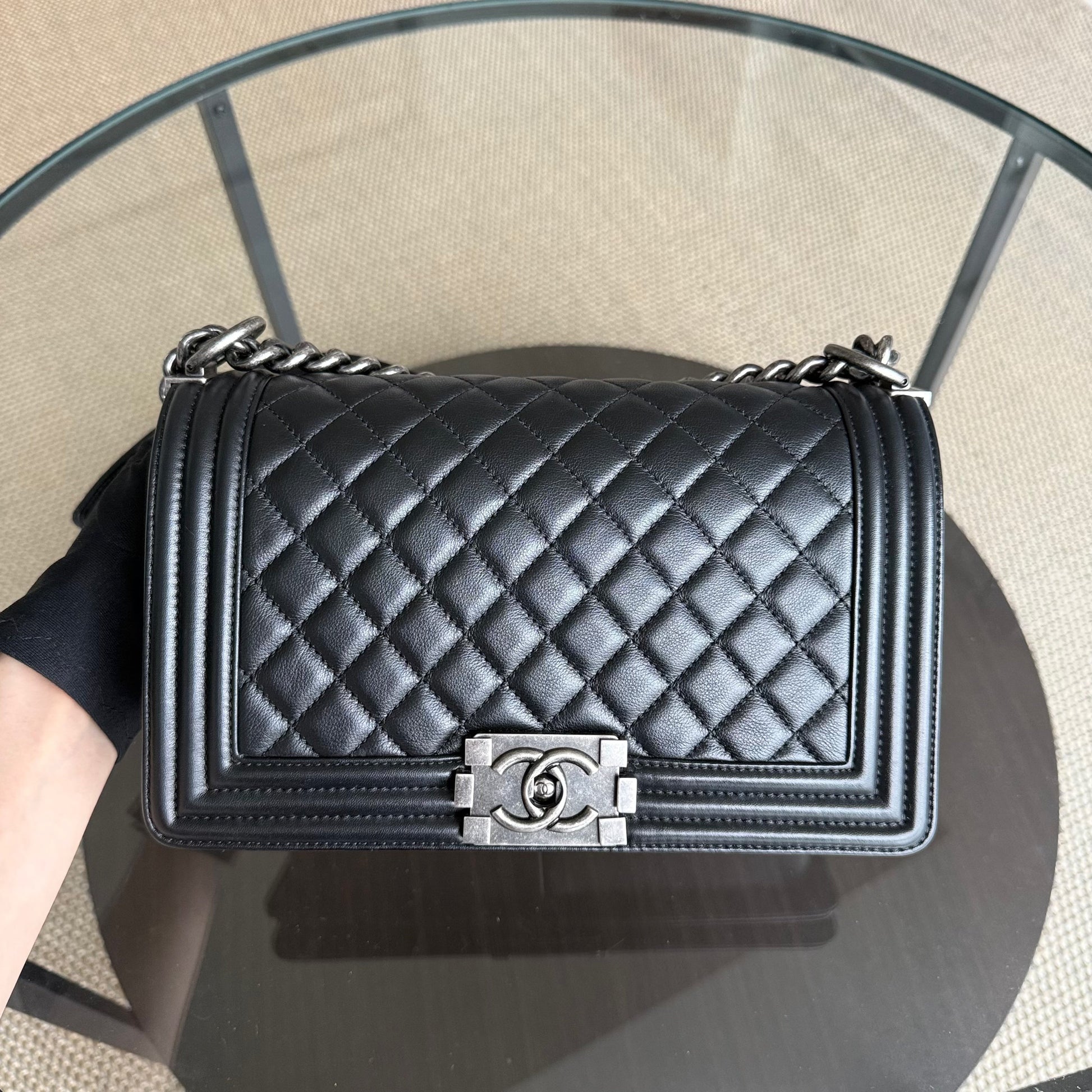 Chanel Boy Medium - Grained Calfskin 25CM Quilted Black Ruthenium Silver Hardware Series 24