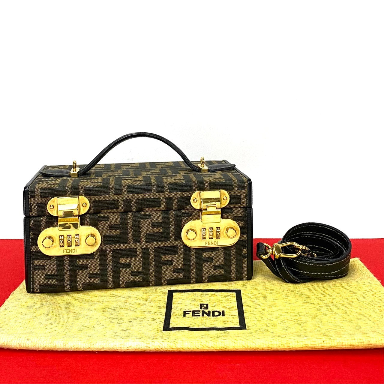 Fendi Shoulder Bag Zucca Ff Pattern Dial Lock Vanity Leather Canvas Brown