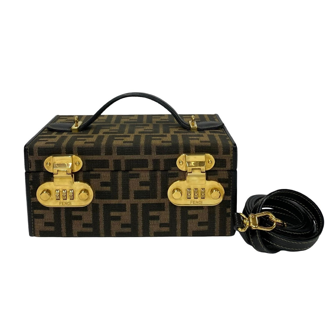 Fendi Shoulder Bag Zucca Ff Pattern Dial Lock Vanity Leather Canvas Brown