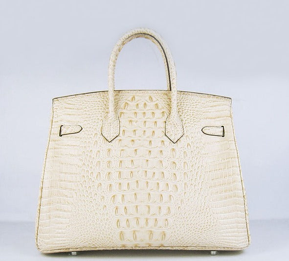 Hermes Luxury Birkin Cm Crocodile Head Veins Handbags Beige Silver Travel Bag