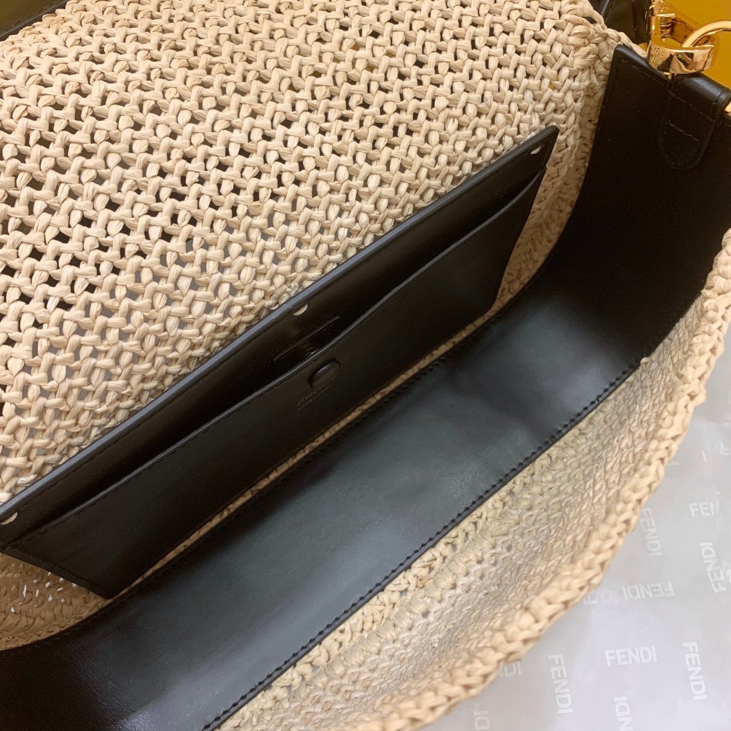 Fendi Top QualityTop Quality Baguette Straw Woven Black FF Crossbody Bag