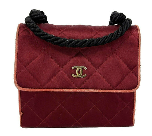 CHANEL -   Mini Satin Quilted Rope Shoulder Crossbody - Burgundy / Black
