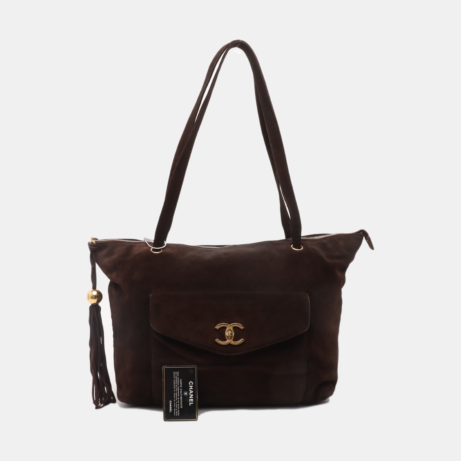 Chanel CC Shopping Suede Envelope Pocket Brown Tote Bag