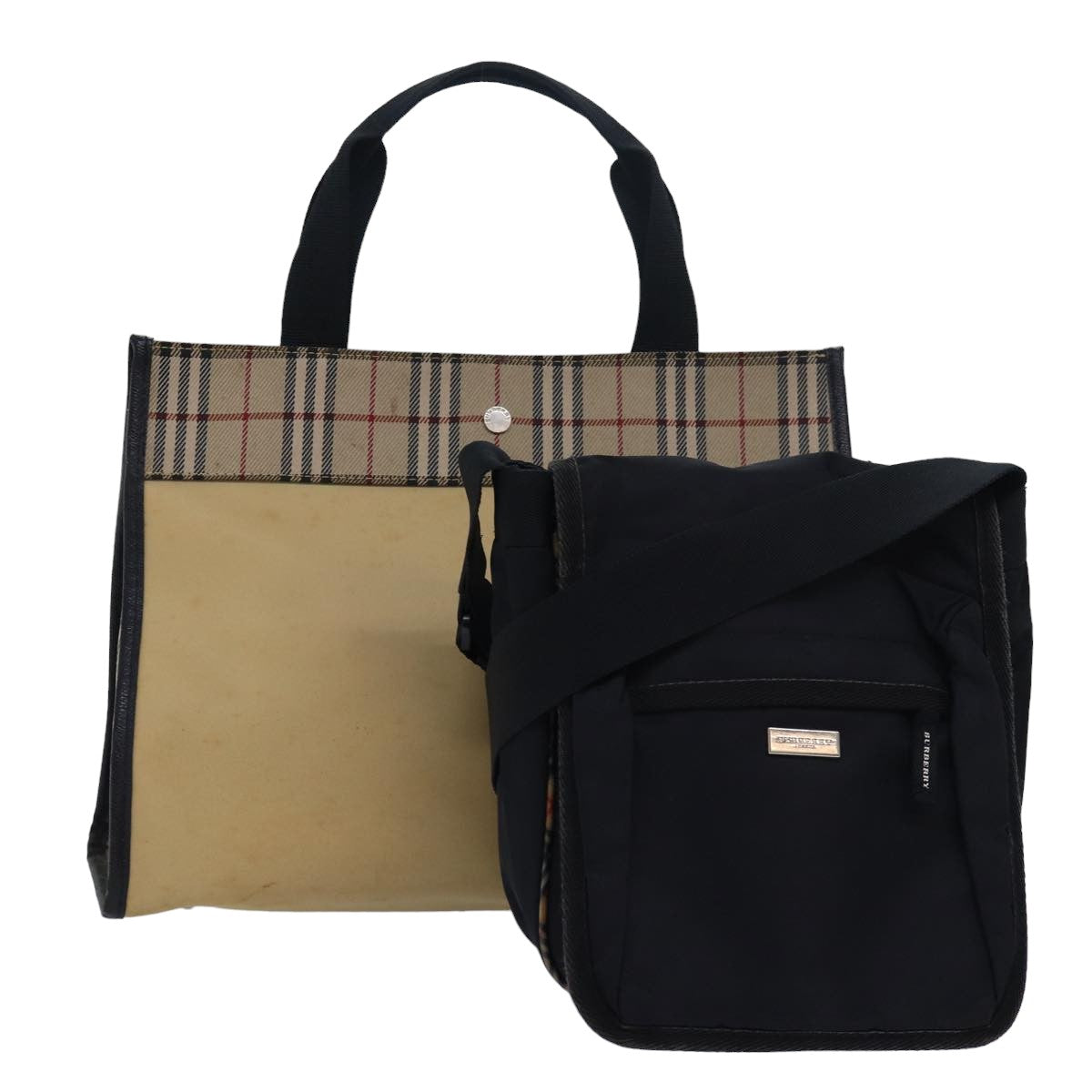 Burberry Luxury Nova Check Hand Bag 2Set Auth Nylon Black Beige Travel Bag