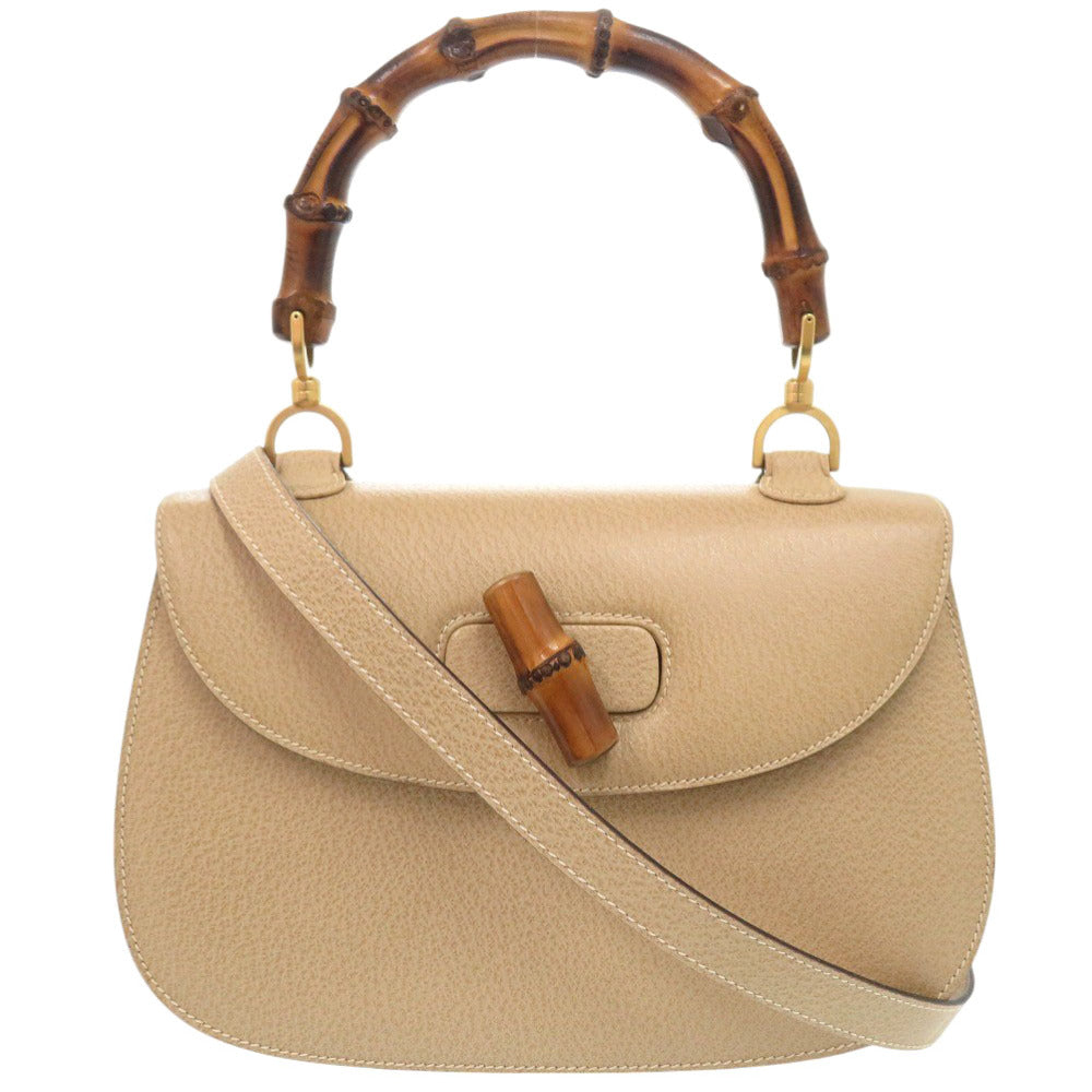 Gucci 000 29 Bamboo 2WAY Leather Beige Handbag
