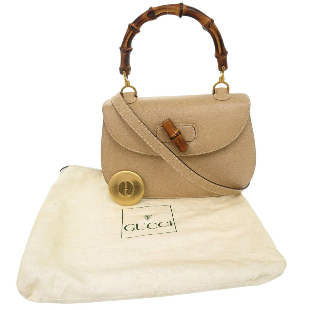 Gucci 000 29 Bamboo 2WAY Leather Beige Handbag
