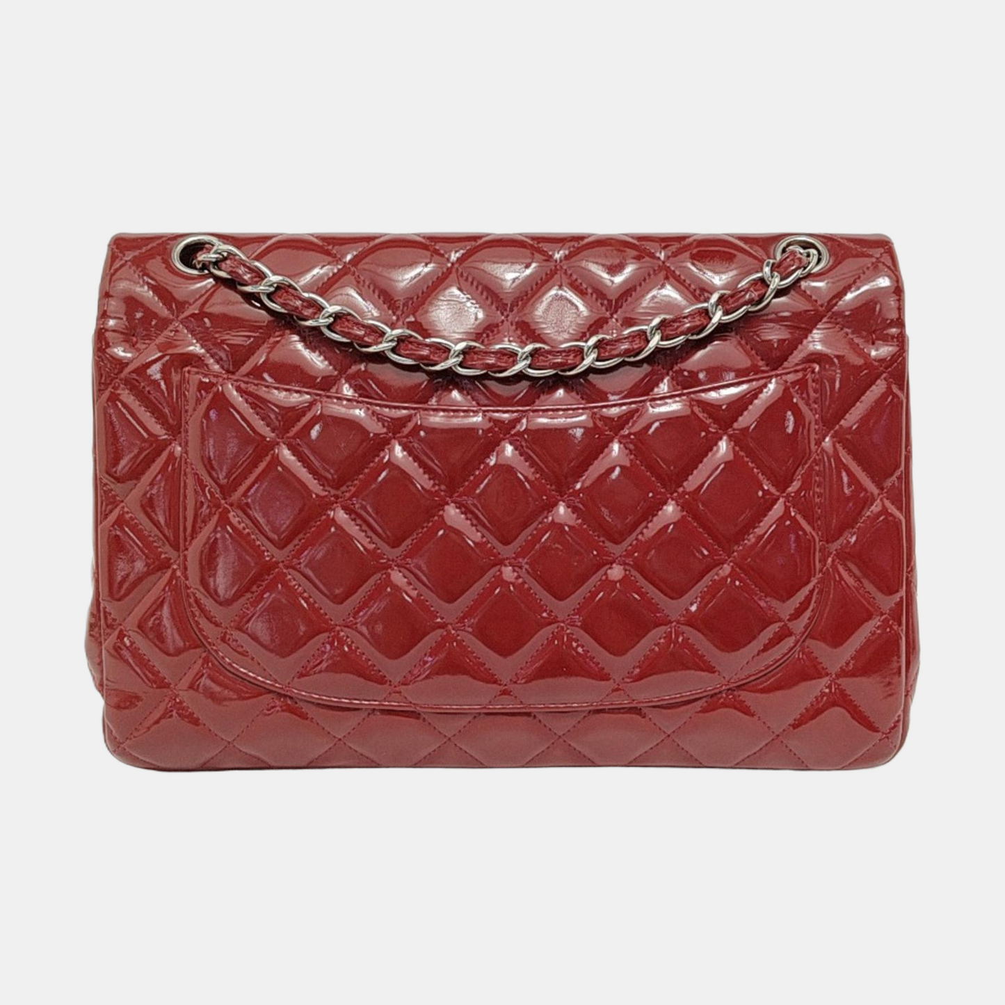 Chanel Classic Flap Jumbo Patent Double Flap Red Silver Leather Handbag