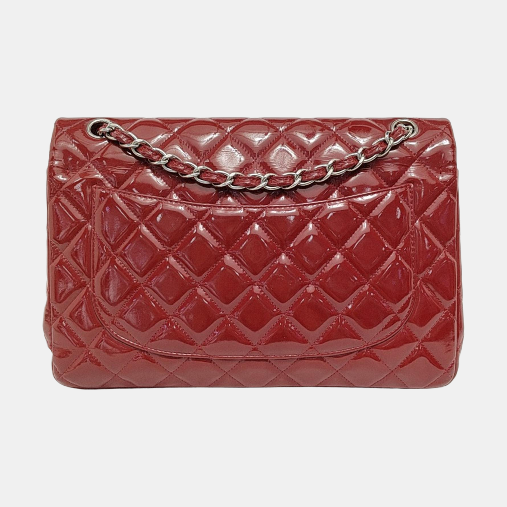 Chanel Classic Flap Jumbo Patent Double Flap Red Silver Leather Handbag