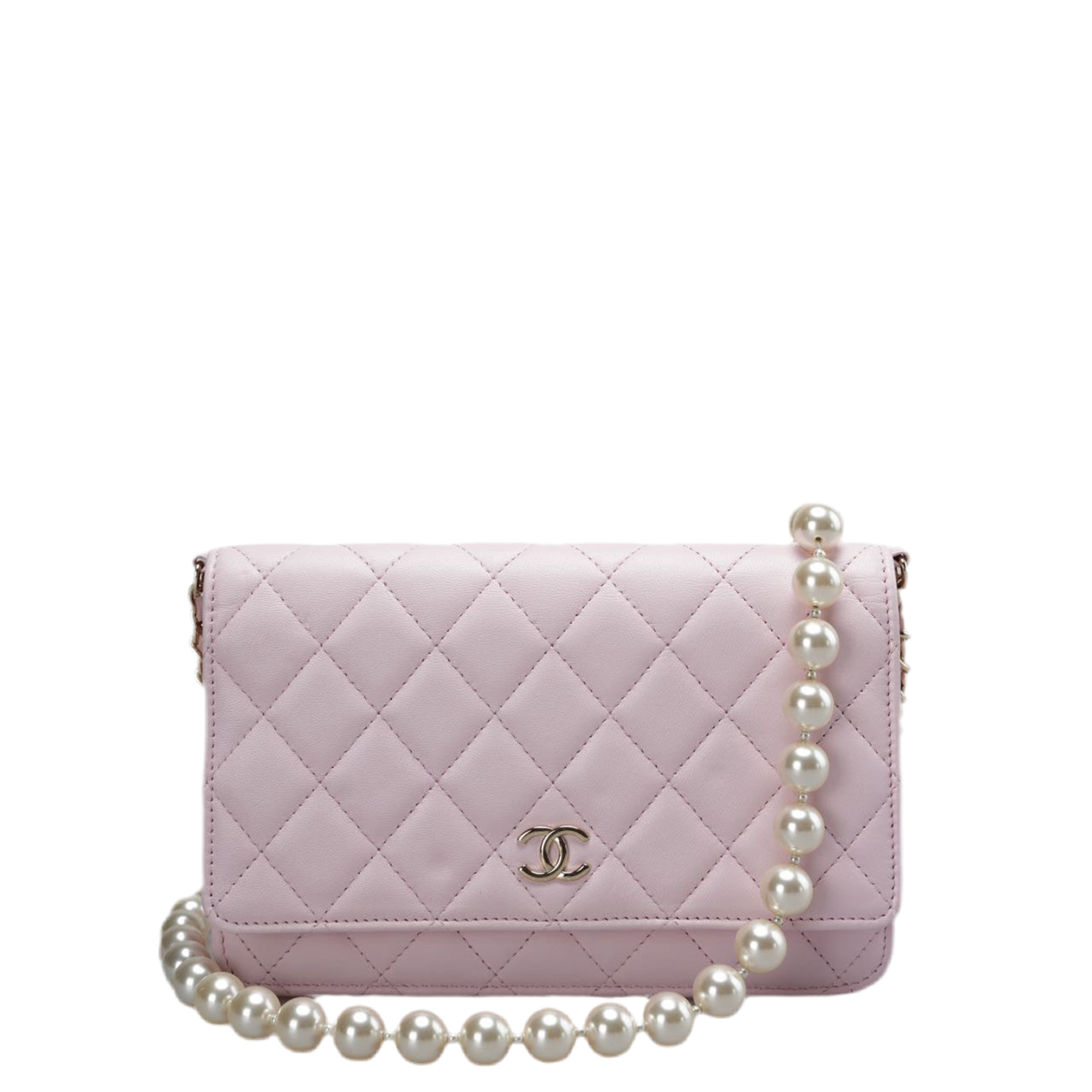 Chanel Pink Quilted Lambskin Pearl Wallet on Chain With Gold Hardware
