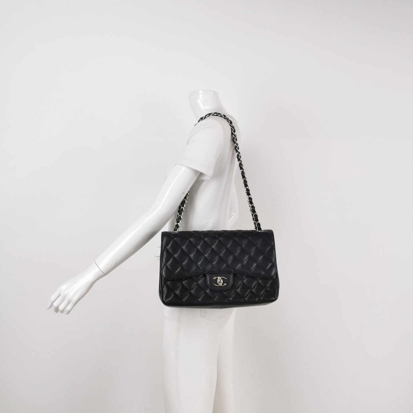 Chanel Classic Flap Jumbo Caviar Double Flap Black Silver Leather Handbag 3