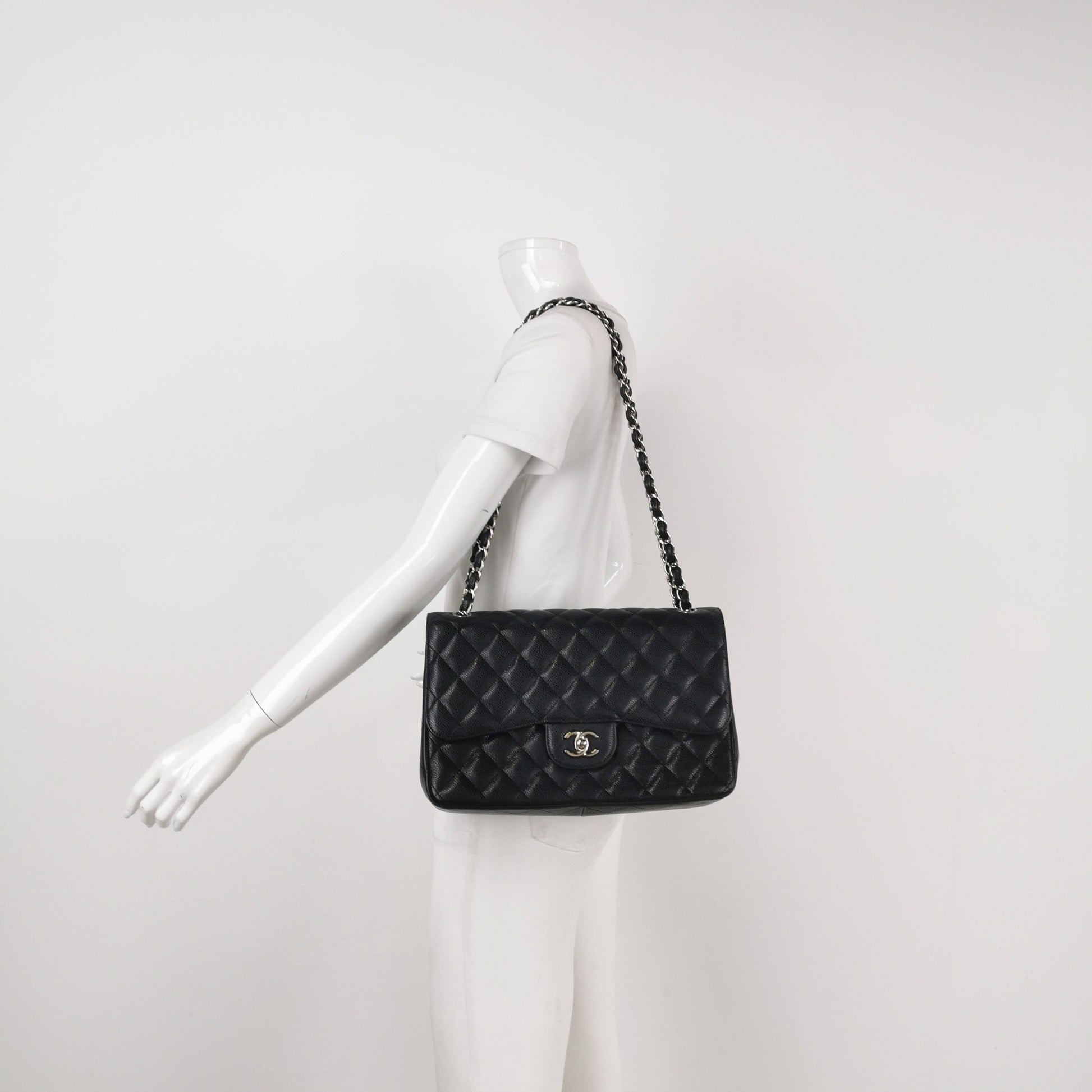 Chanel Classic Flap Jumbo Caviar Double Flap Black Silver Leather Handbag 3