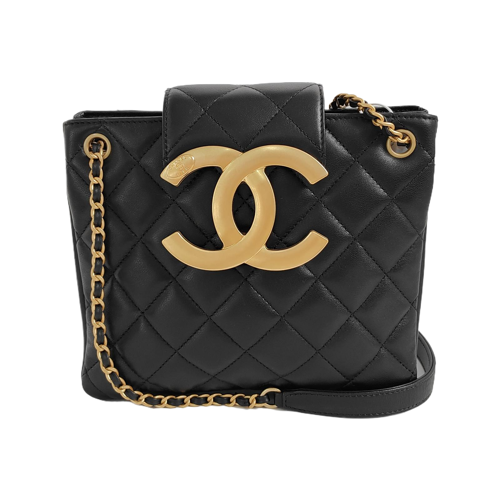 Chanel CC Giant -tone CC Logo Lambskin Black Gold Small Leather Shoulder Bag