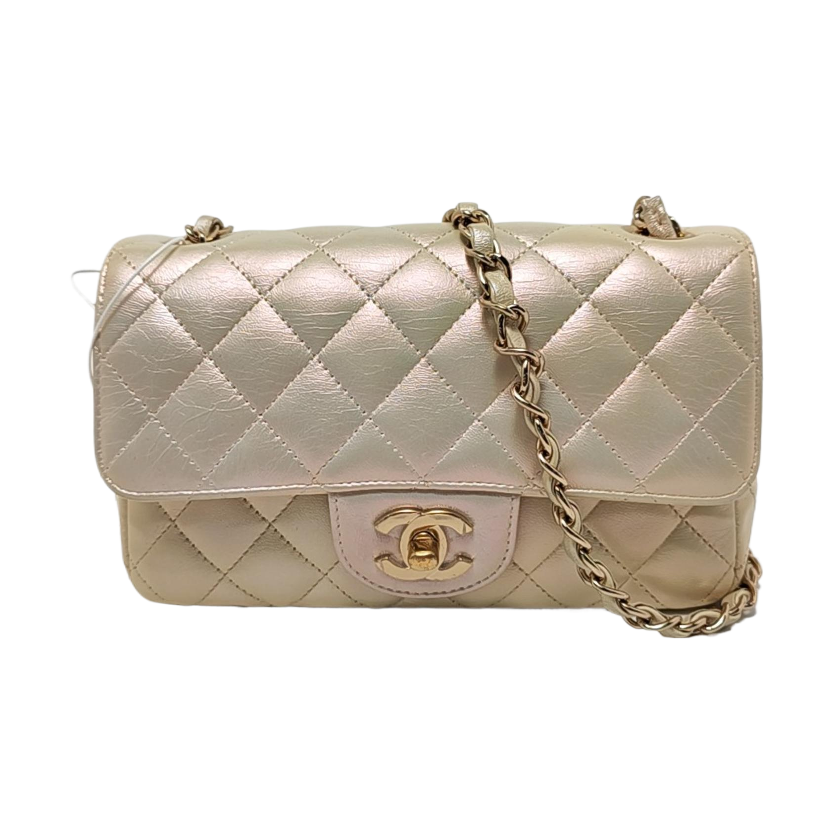Chanel Classic Flap Rectangular Pearlescent Champagne Lambskin Gold Leather Mini Bag