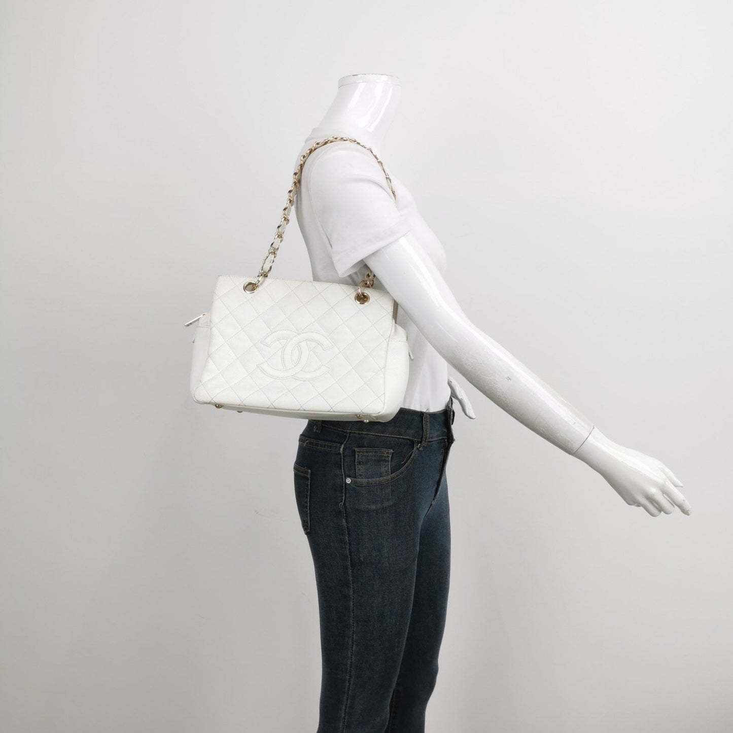 Chanel PST Petite Shopping Caviar White Leather Tote Bag