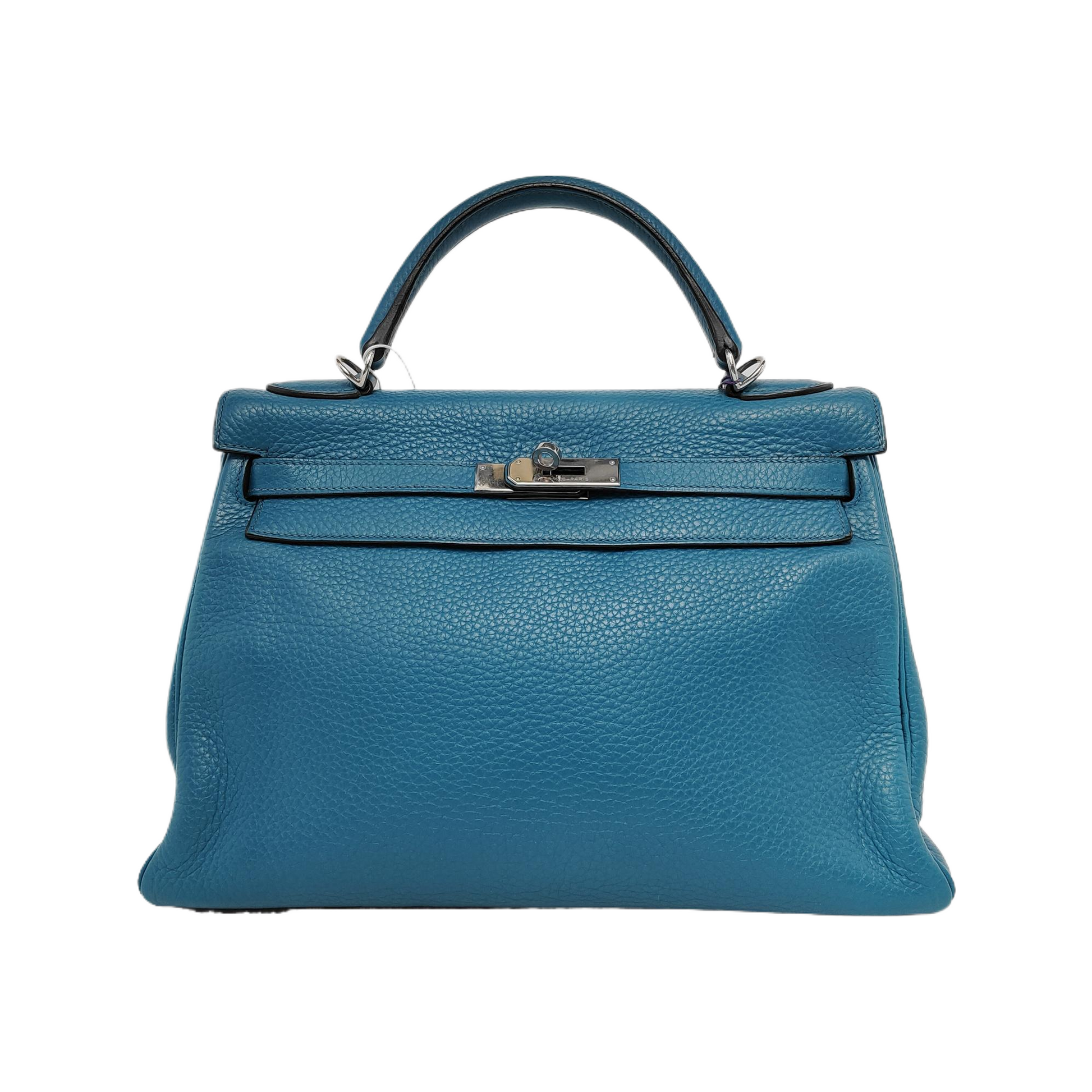 Hermes Kelly Retourne Clemence B Bleu Zanzibar Palladium Leather Travel Bag