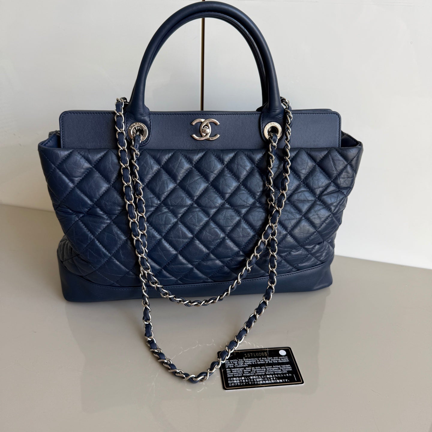 Chanel Quilted Navy Top Handle Straps Silver Leather Tote Bag