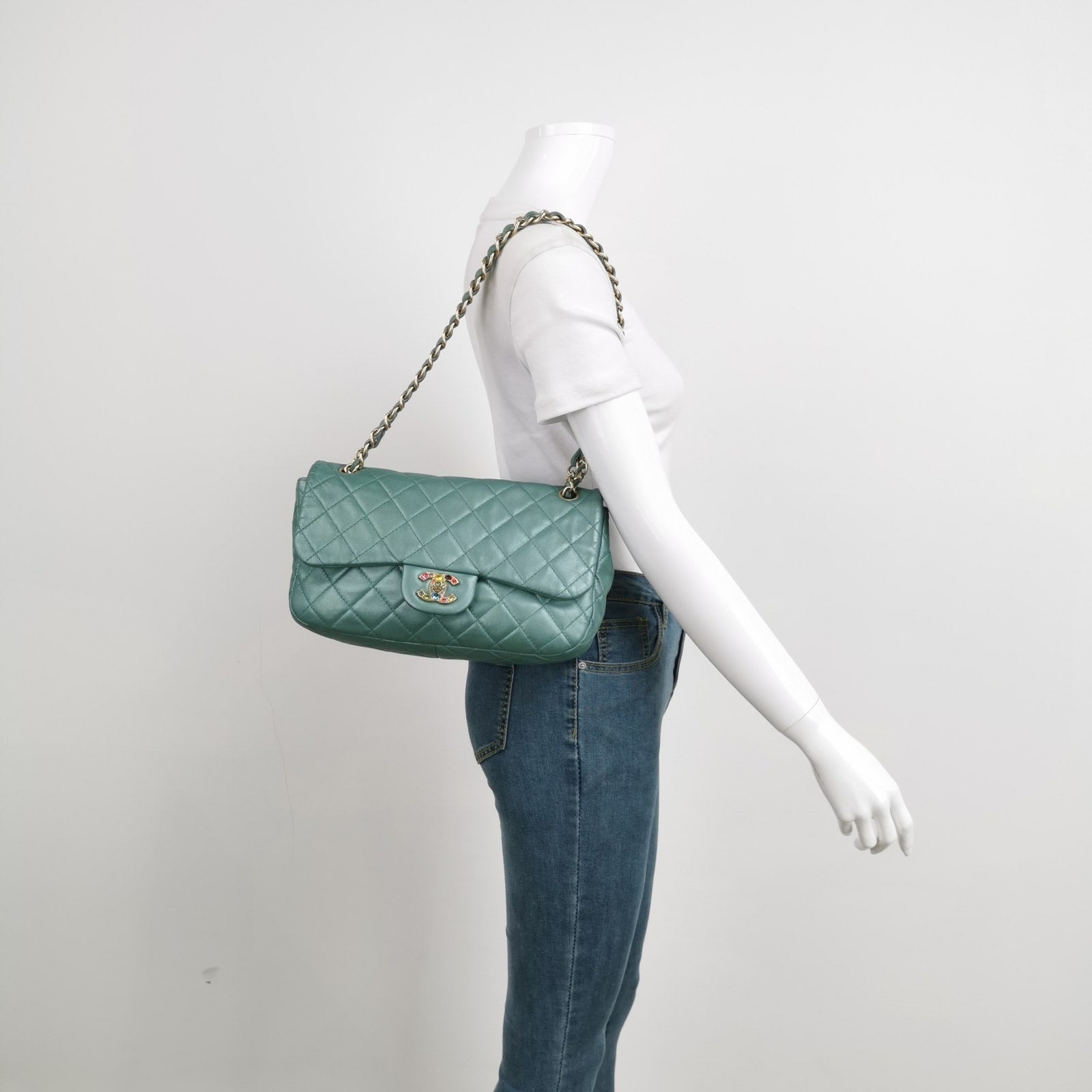 Chanel Classic Flap Teal Gem CC Turn Green Lock Handbag