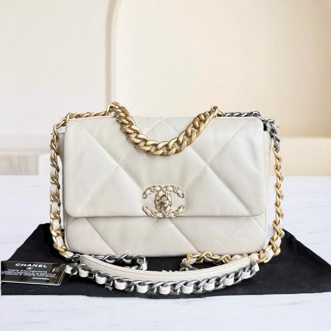 Chanel 19 Bag Small- Goatskin Light Two-tone Hardware Quilted Beige Handbag