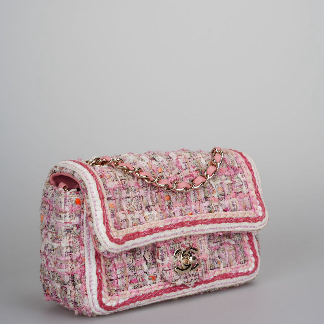 Chanel Timeless Tweed Mini Flap Bag rectangle in White and Pink With Gold Hardware
